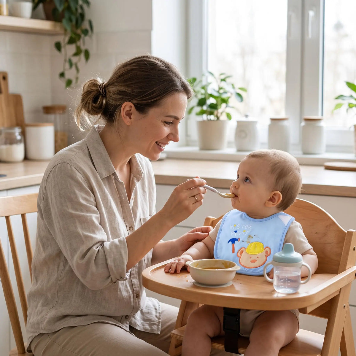 Bavoir bleu dessin animé maman nourrit bébé