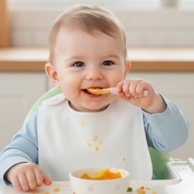 Bavoir bébé blanc, bébé mange avec sa cuillère