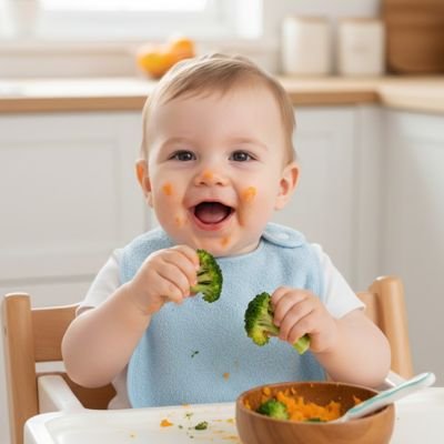 Bavoir bébé bleu, bébé mange tout souriant