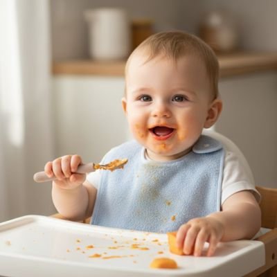 Bavoir bébé gris, bébé mange joyeusement