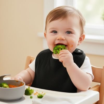 Bavoir bébé noir, bébé mange un légume vert