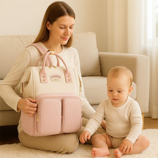 Sac a langer, couleur gris rose maman ayant son sac sur sa cuisse bébé en face d'elle.